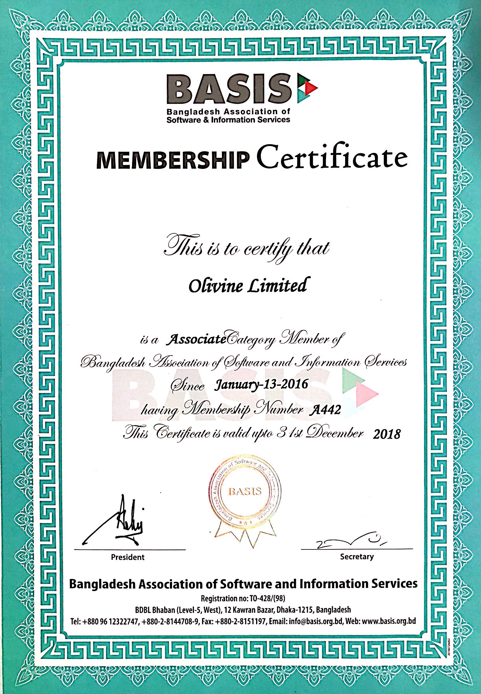 BASIS membership certificate 2018